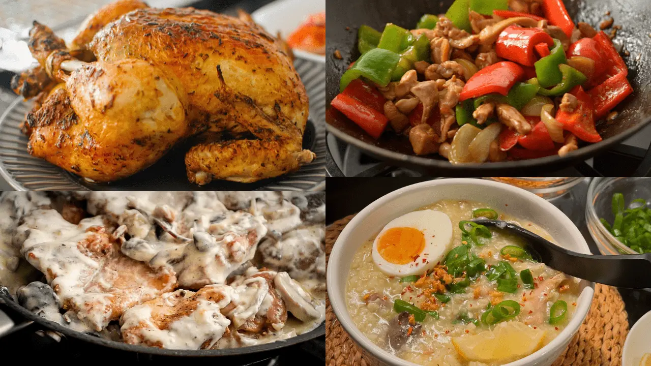 Five easy chicken ulam ideas—roast manok, chicken and peppers, creamy mushroom chicken, and arroz caldo