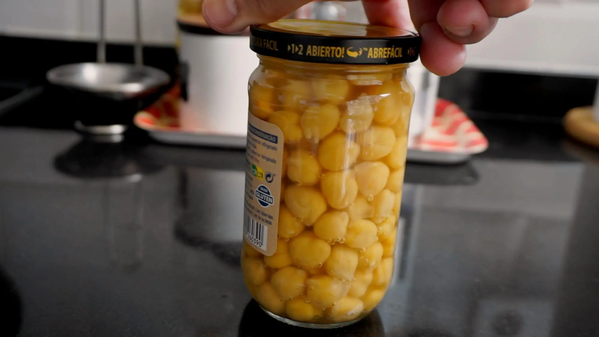 A jar of cooked garbanzos