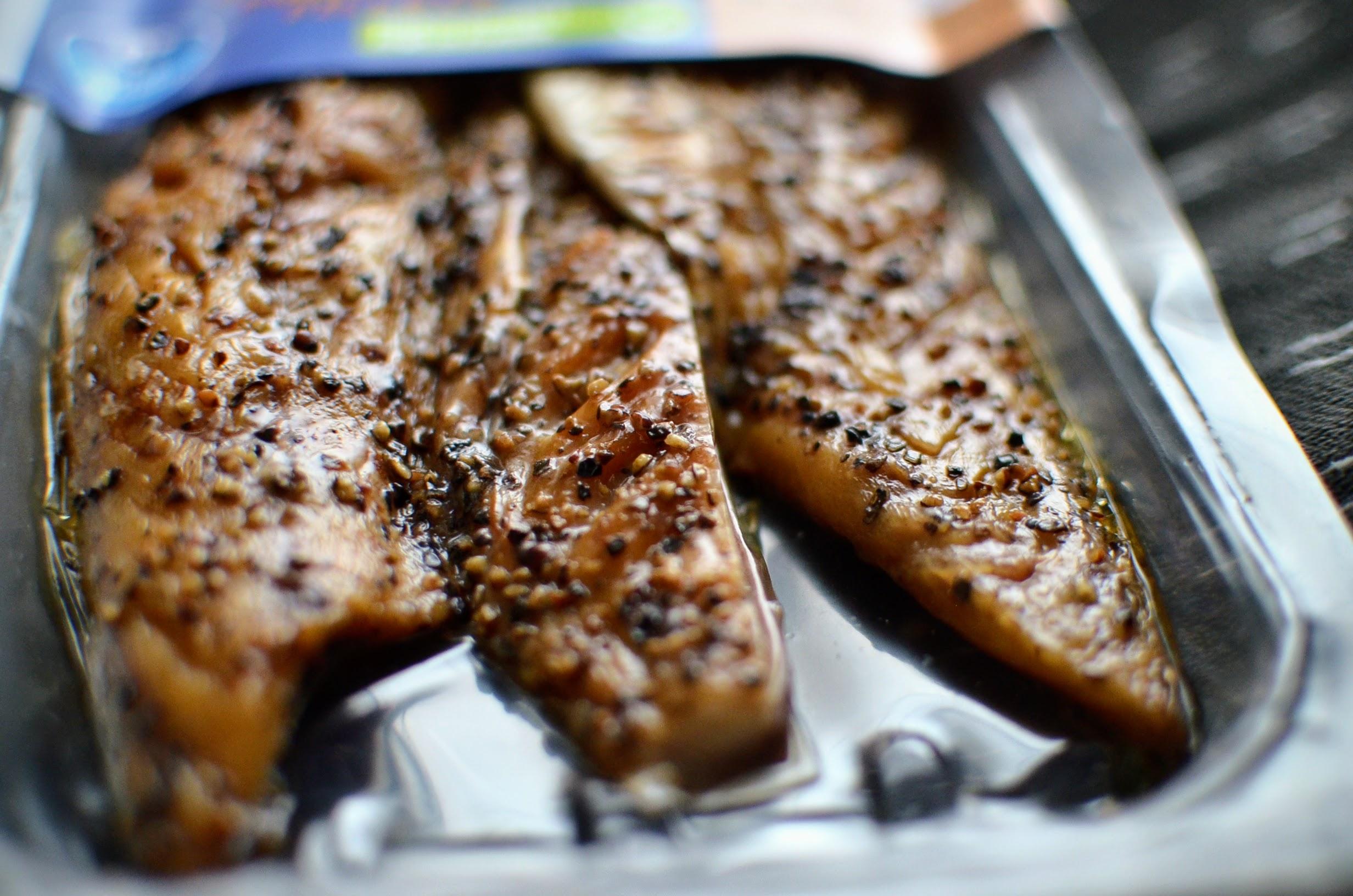 Close-up of the beautifully smoked mackerel fillets