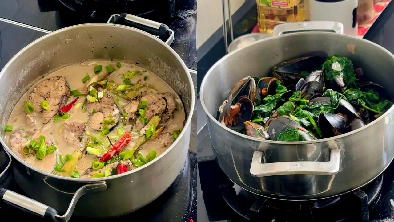 Ginataang bonito and tinolang tahong side by side, fresh from the stove