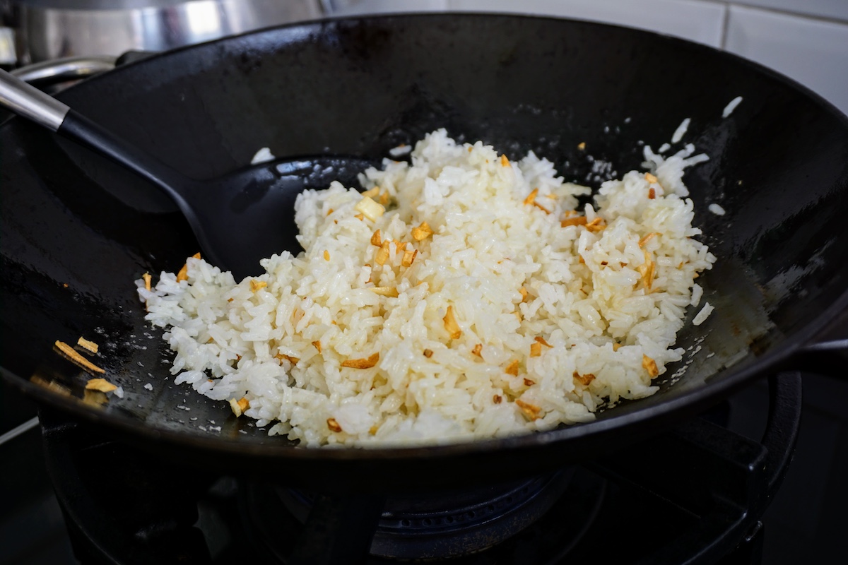 Garlic fried rice in wok