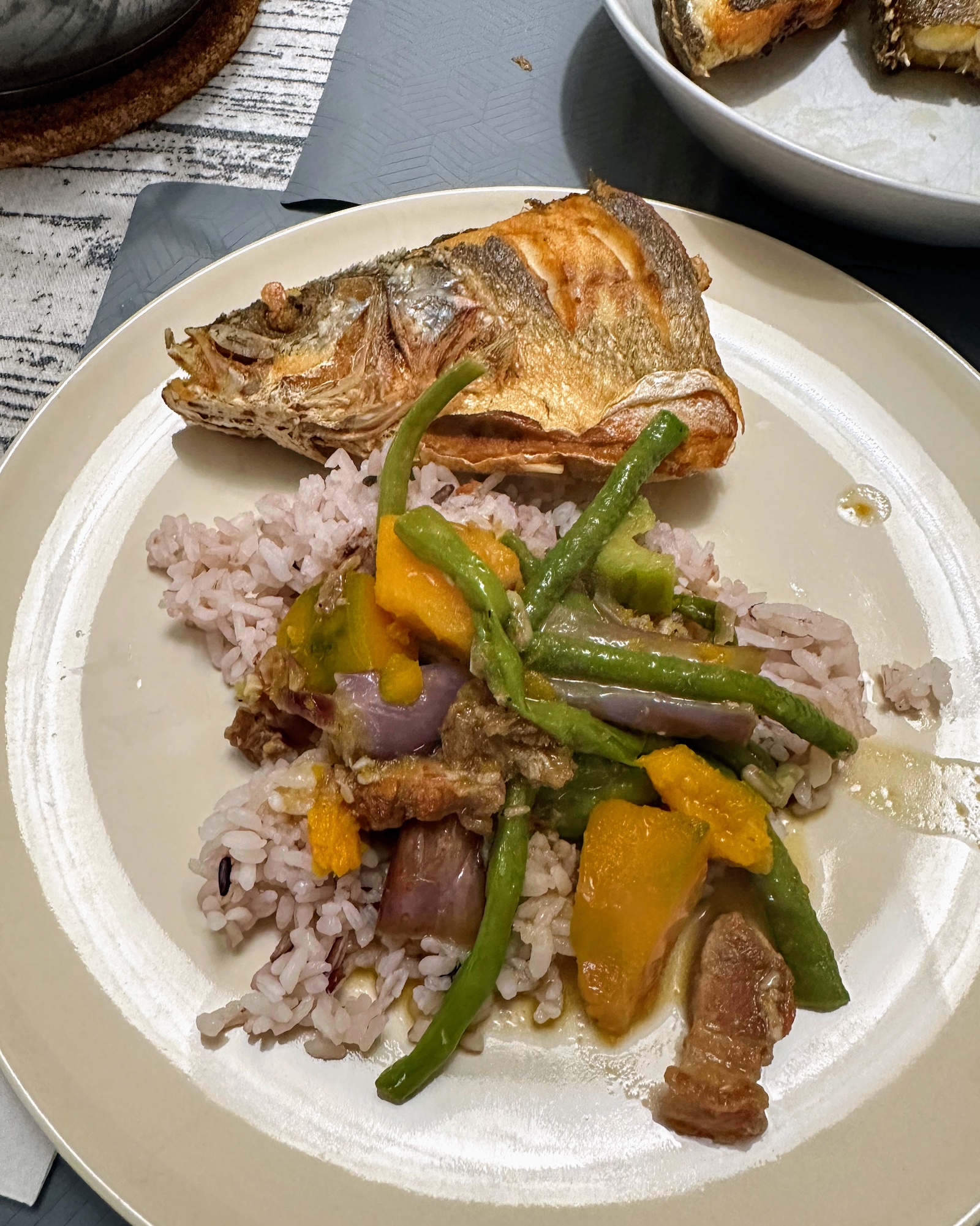 Pinakbet served with rice and fried fish
